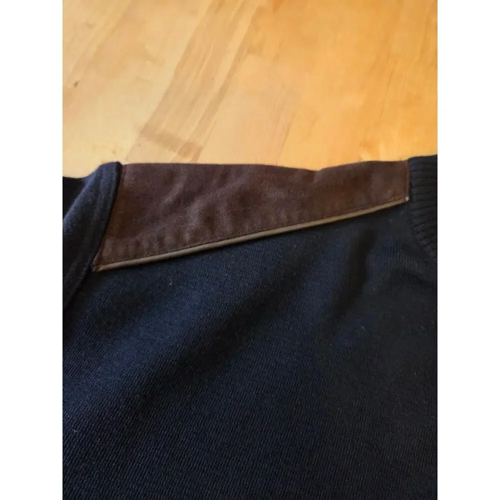 Luchiano Visconti Mens XL Italian Merino Wool Sweater Navy Mock Neck Suede Patch